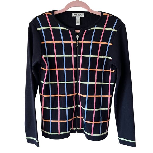 Parkhurst Womens Rainbow Plaid Front Cardigan Black Size S Twee‎ Kidcore - Picture 1 of 4